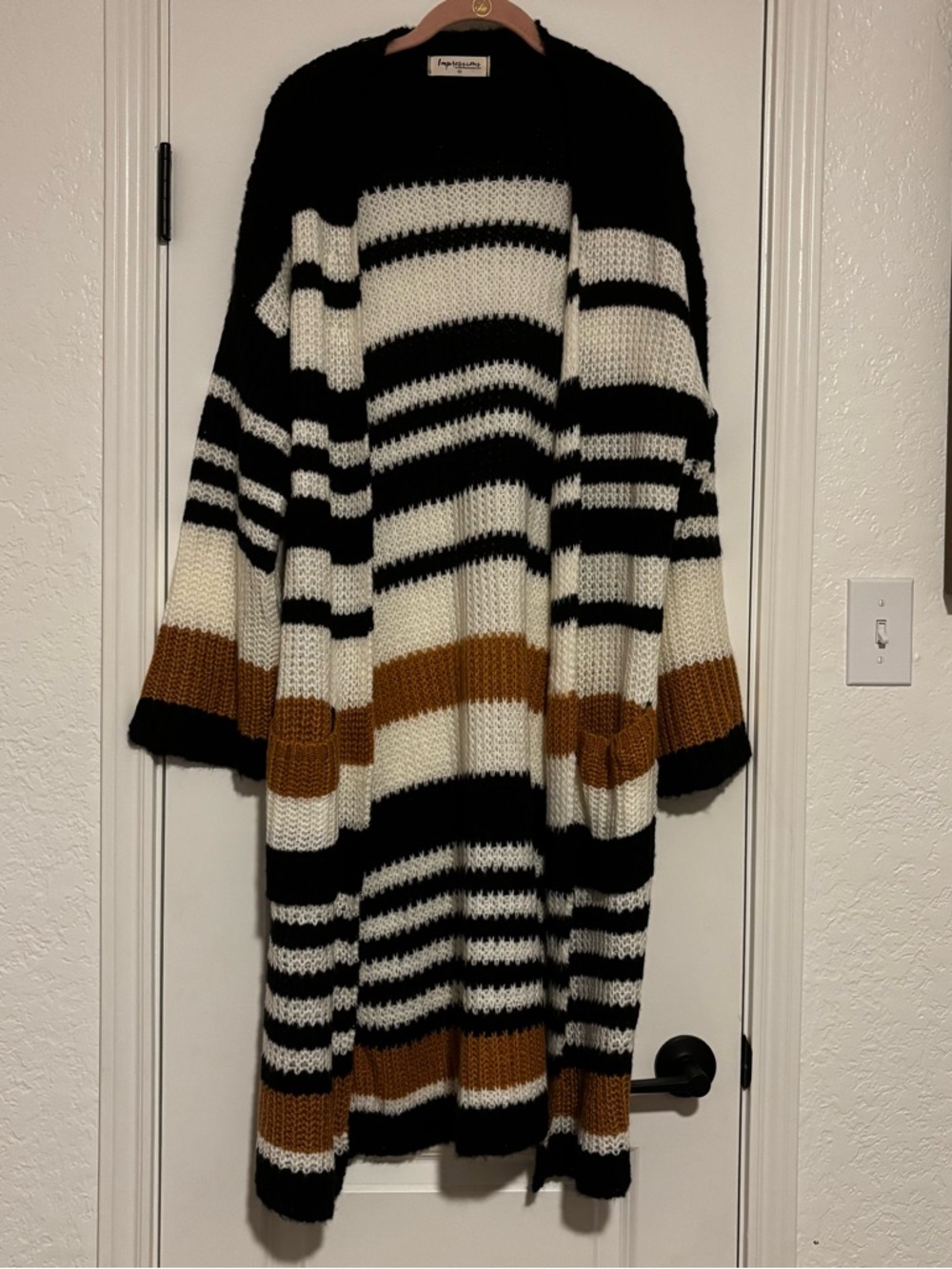 Impressions Black Ivory and Brown Striped Knit Cardigan